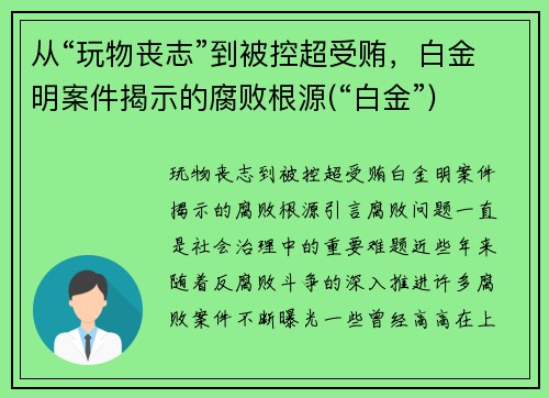 从“玩物丧志”到被控超受贿，白金明案件揭示的腐败根源(“白金”)