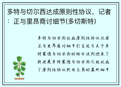 多特与切尔西达成原则性协议，记者：正与里昂商讨细节(多切斯特)